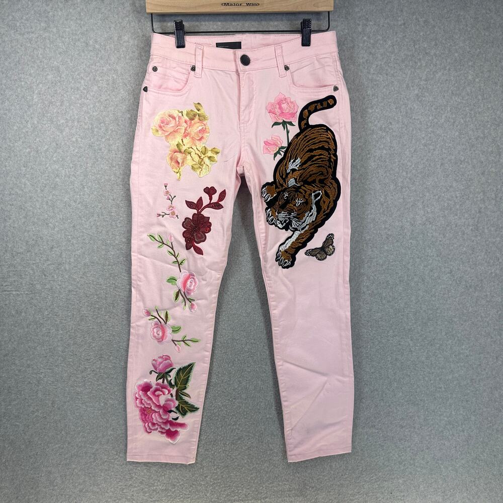 Kut From The Kloth Diana Skinny Jeans Womens Size 6 Pink Floral Tiger Print